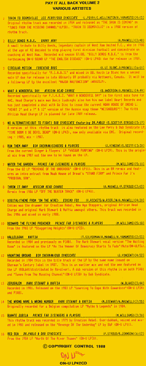 UKCD #1 inside cover 2: Track list and notes